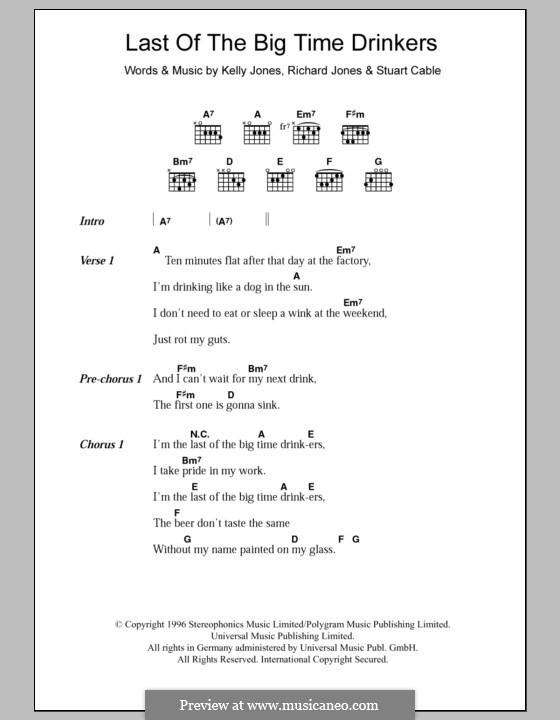 Last of the Big Time Drinkers (Stereophonics): Lyrics and chords by Kelly Jones, Richard Jones, Stuart Cable