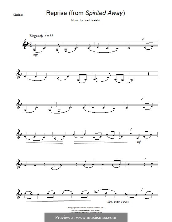 Reprise ... (from Spirited Away): For clarinet by Joe Hisaishi
