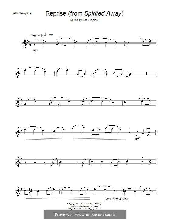 Reprise ... (from Spirited Away): For saxophone by Joe Hisaishi