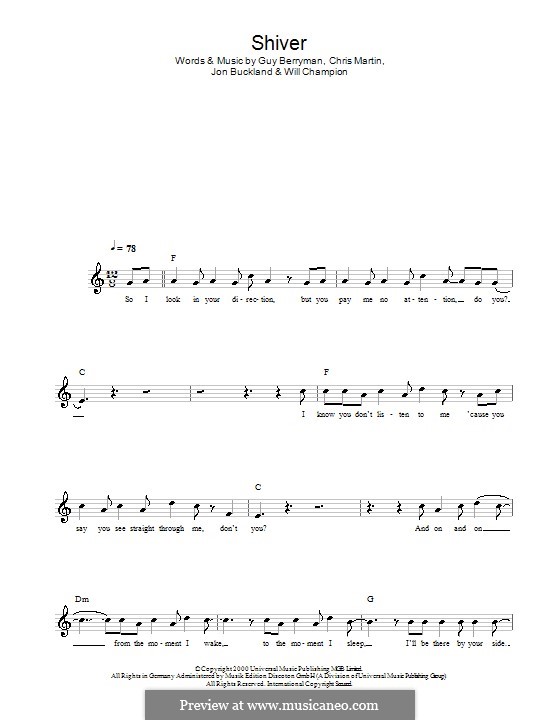 Shiver (Coldplay): Melody line, lyrics and chords by Chris Martin, Guy Berryman, Jonny Buckland, Will Champion