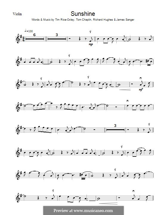 Sunshine (Keane): For violin by James Sanger, Richard Hughes, Tim Rice-Oxley, Tom Chaplin