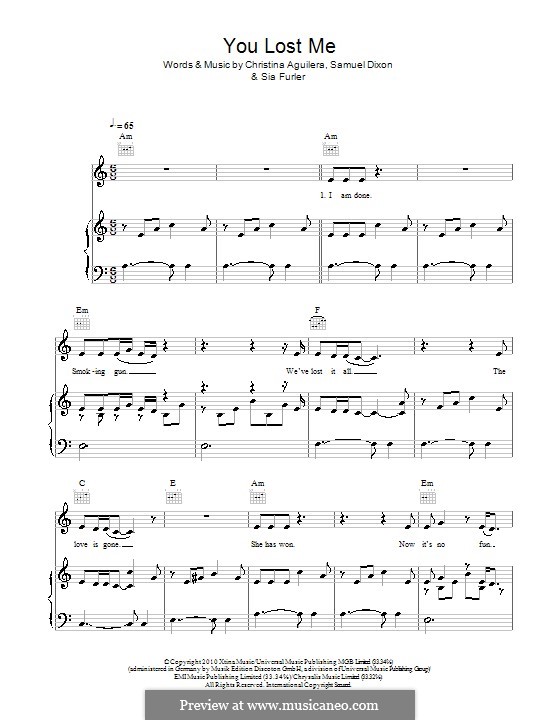 You Lost Me: For voice and piano (or guitar) by Christina Aguilera, Samuel Dixon, Sia Furler