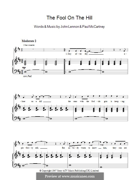 The Fool on the Hill (The Beatles): For voice and piano or guitar by John Lennon, Paul McCartney
