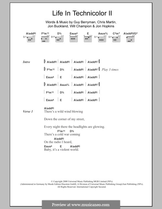 Life in Technicolor II (Coldplay): Lyrics and chords by Chris Martin, Guy Berryman, Jonny Buckland, Jon Hopkins, Will Champion