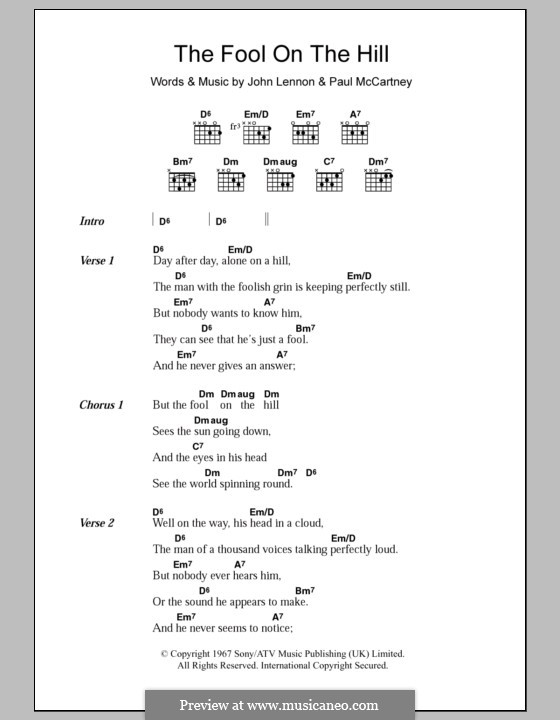 The Fool on the Hill (The Beatles): Lyrics and chords by John Lennon, Paul McCartney