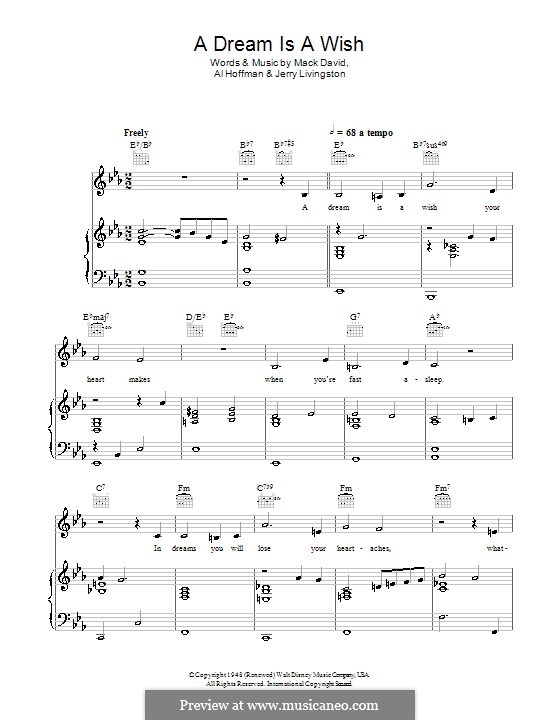 A Dream Is a Wish Your Heart Makes (from Disney's Cinderella): For voice and piano or guitar (E Flat Major) by Al Hoffman, Jerry Livingston, Mack David