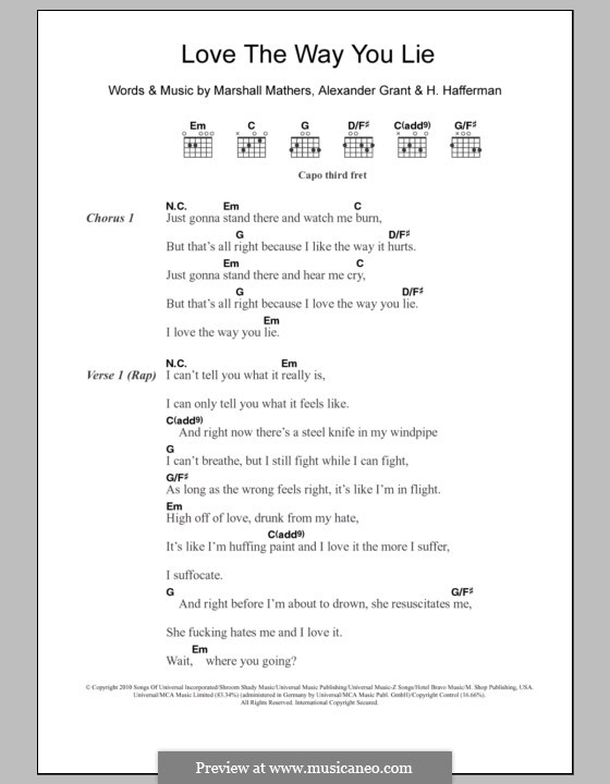 Love the Way You Lie (Eminem feat. Rihanna): Lyrics and chords by Alexander Grant, Holly Brook Hafermann, Marshall Mathers