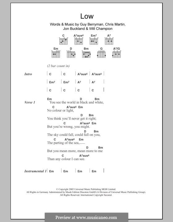 Low (Coldplay): Lyrics and chords by Chris Martin, Guy Berryman, Jonny Buckland, Will Champion