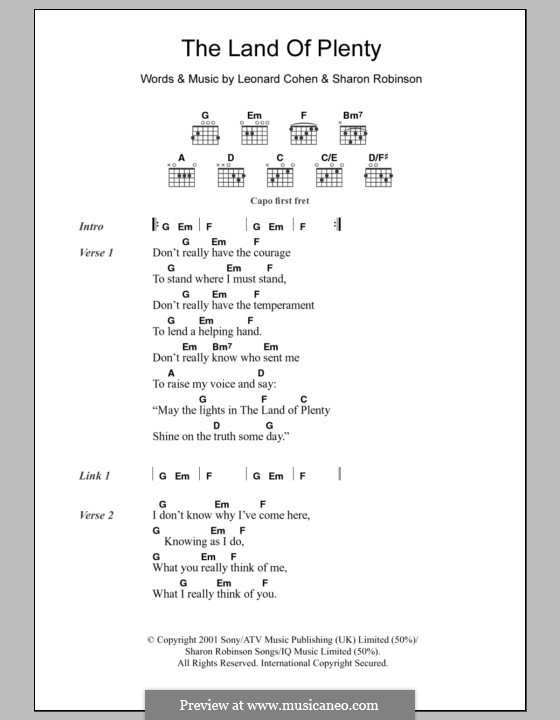 The Land of Plenty: Lyrics and chords by Leonard Cohen, Sharon Robinson