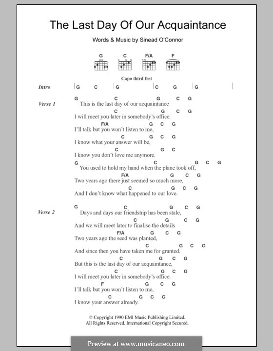 The Last Day of Our Acquaintance: Lyrics and chords by Sinead O'Connor