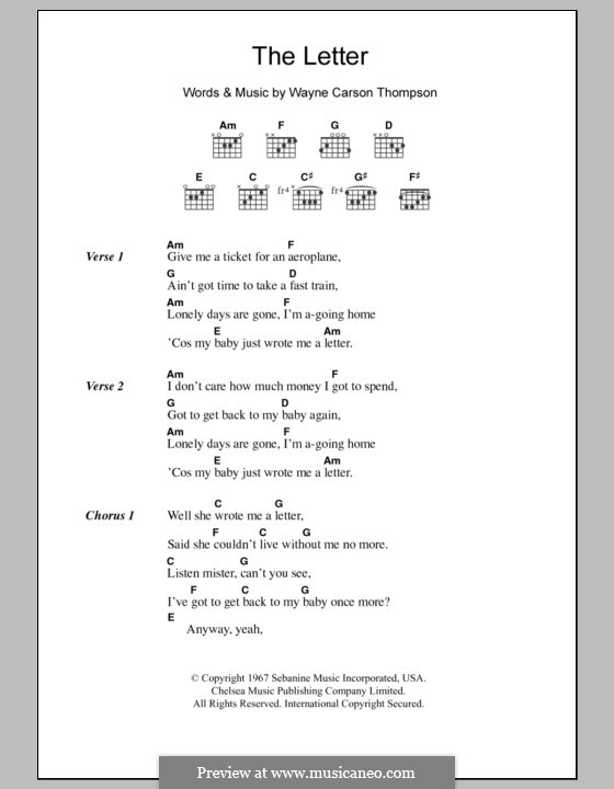 The Letter (The Box Tops): Lyrics and chords by Wayne Carson Thompson