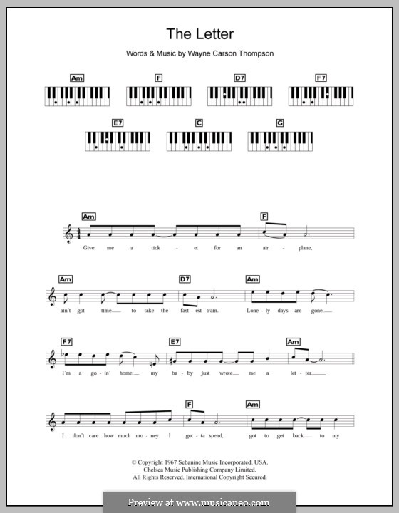 The Letter (The Box Tops): For keyboard by Wayne Carson Thompson