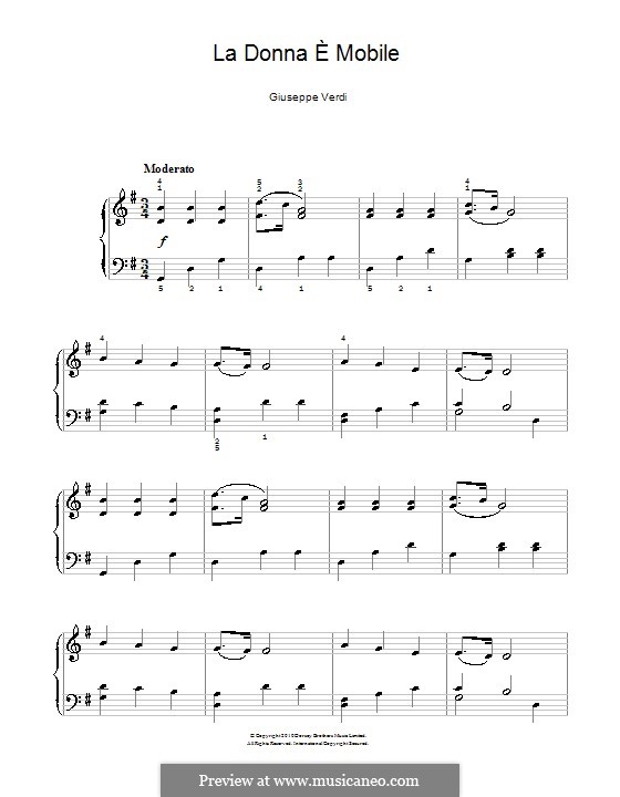 La donna è mobile (Over the Summer Sea) printable scores: For piano by Giuseppe Verdi