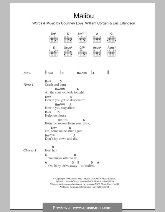 Malibu (Hole): Lyrics and chords by Courtney Love, Eric Erlandson, William Corgan