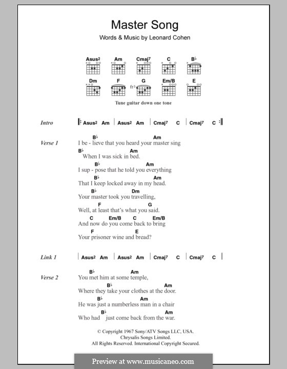 Master Song: Lyrics and chords by Leonard Cohen