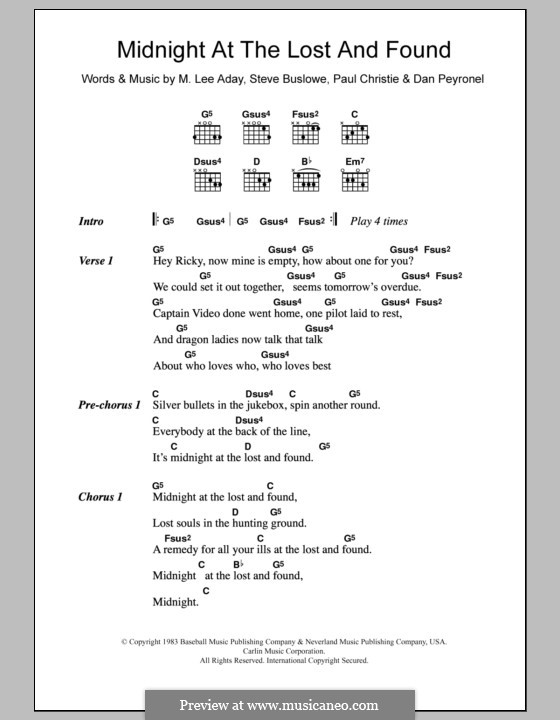 Midnight at the Lost and Found (Meat Loaf): Lyrics and chords by Dan Peyronel, M. Lee Aday, Paul Christie, Steve Buslowe