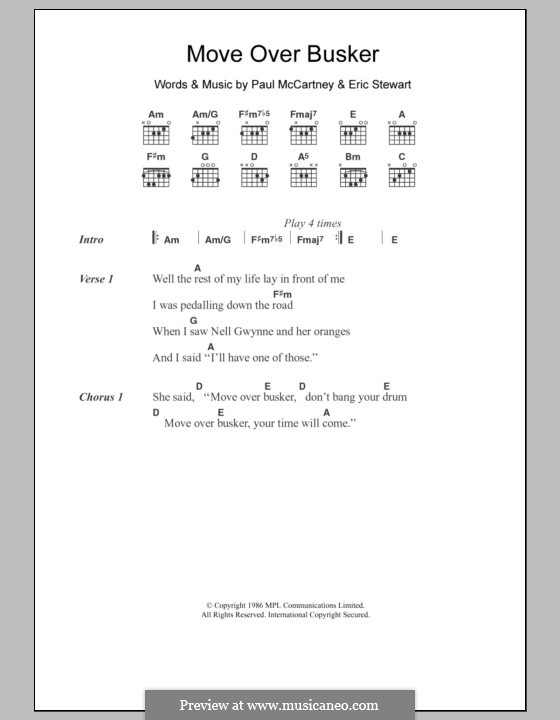 Move Over Busker: Lyrics and chords by Eric Stewart, Paul McCartney