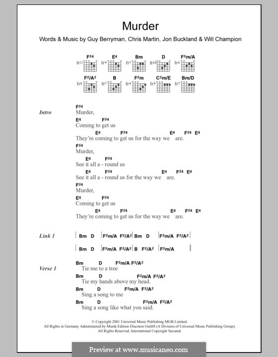 Murder (Coldplay): Lyrics and chords by Chris Martin, Guy Berryman, Jonny Buckland, Will Champion