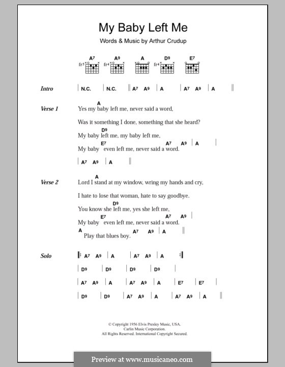 My Baby Left Me (Elvis Presley): Lyrics and chords by Arthur Crudup