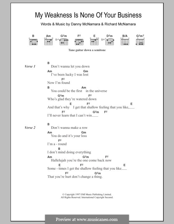 My Weakness is None of Your Business (Embrace): Lyrics and chords by Danny McNamara, Richard McNamara