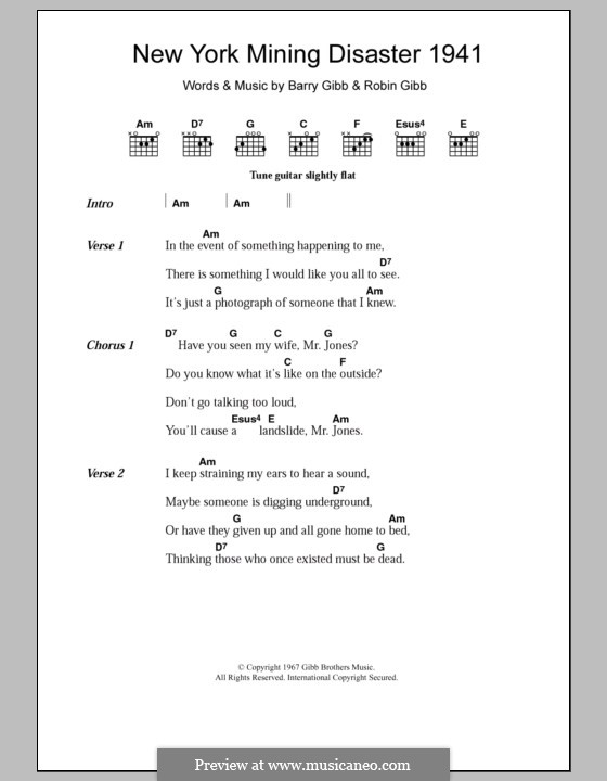 New York Mining Disaster 1941 (The Bee Gees): Lyrics and chords by Barry Gibb, Robin Gibb