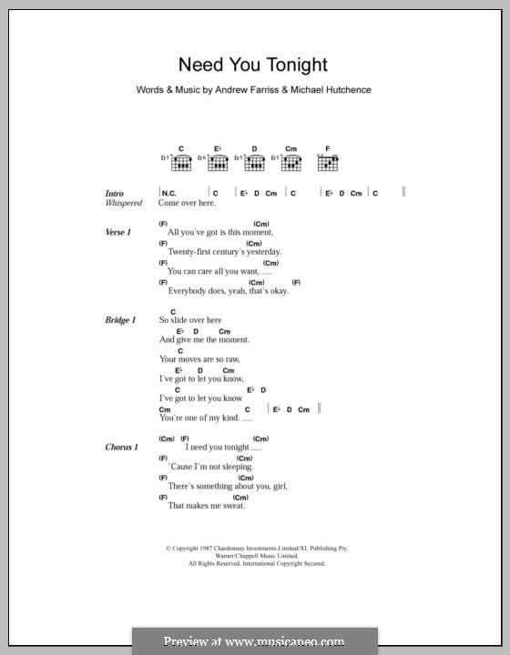 Need You Tonight (INXS): Lyrics and chords by Andrew Farriss, Michael Hutchence