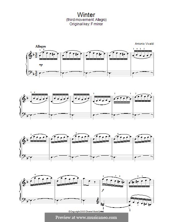 Violin Concerto No.4 in F Minor 'L'inverno', RV 297: Movement III. Arrangement for piano by Antonio Vivaldi