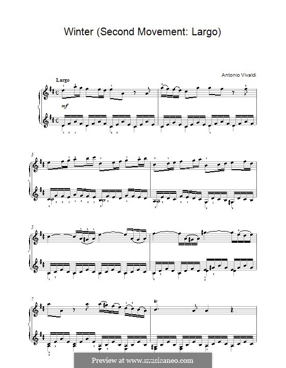 Violin Concerto No.4 in F Minor 'L'inverno', RV 297: Movement II. Arrangement for piano (high quality sheet music) by Antonio Vivaldi