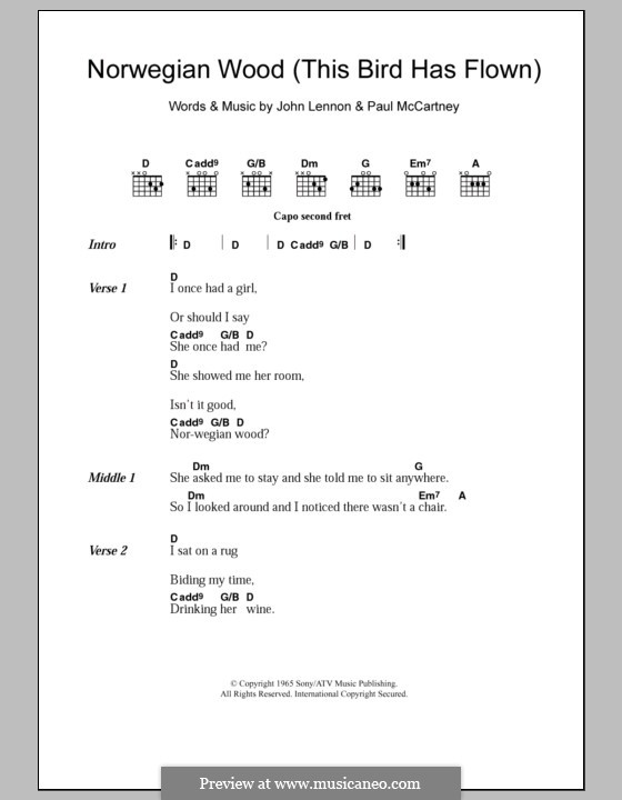 Norwegian Wood (This Bird Has Flown): Lyrics and chords by John Lennon, Paul McCartney