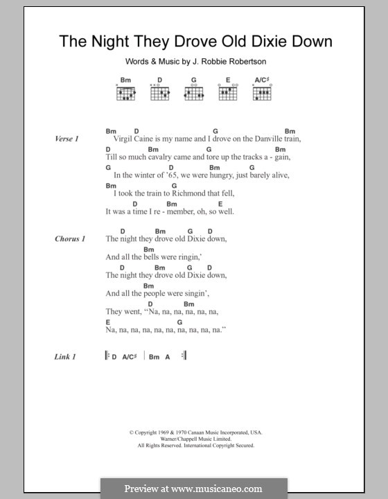 The Night They Drove Old Dixie Down: Lyrics and chords by Robbie Robertson