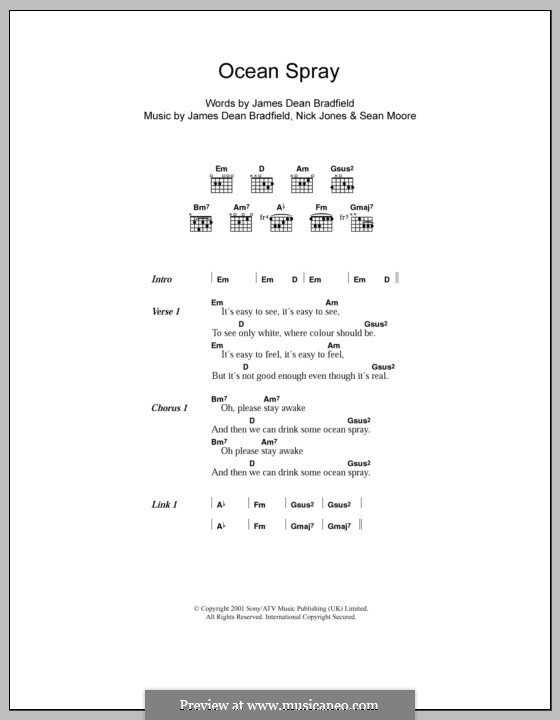 Ocean Spray (The Manic Street Preachers): Lyrics and chords by James Dean Bradfield, Nicky Jones, Sean Moore