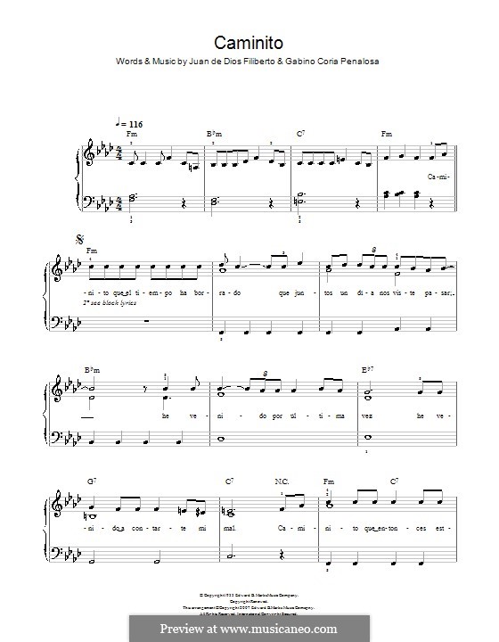 Caminito (The Little Lane): For easy piano by Gabino Coria Penalosa, Juan de Dios Filiberto