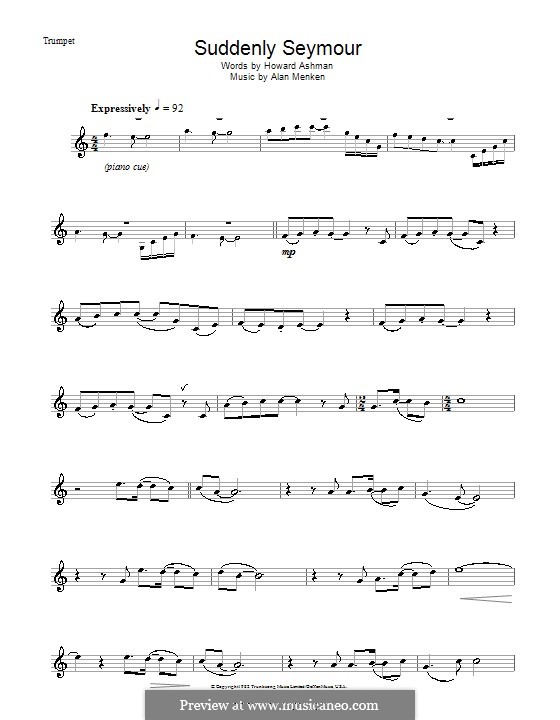 Album or sheet music cover style image for 'Suddenly Seymour' from The Little Shop of Horrors featuring the theme by Alan Menken.