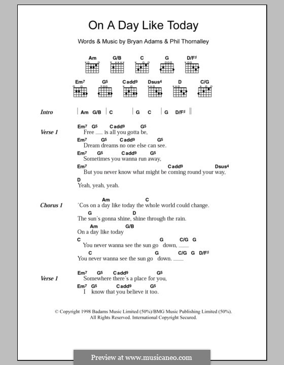 On a Day Like Today: Lyrics and chords by Bryan Adams, Phil Thornalley