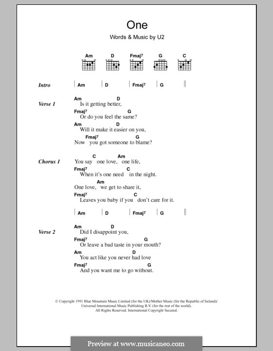 One: Lyrics and chords by U2, Adam Clayton, David Evans, Larry Mullen Jr., Paul Hewson