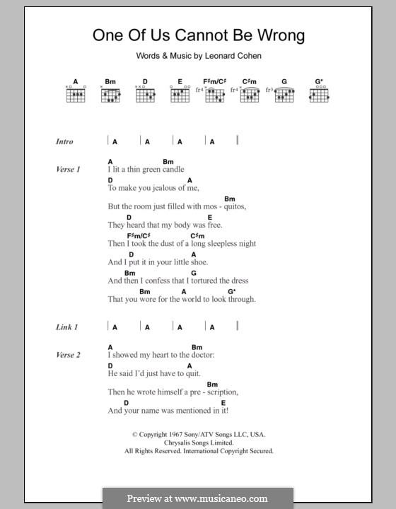 One of Us Cannot Be Wrong: Lyrics and chords by Leonard Cohen