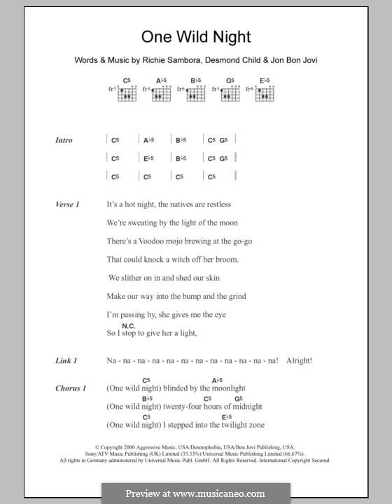 One Wild Night (Bon Jovi): Lyrics and chords by Desmond Child, Jon Bon Jovi, Richie Sambora