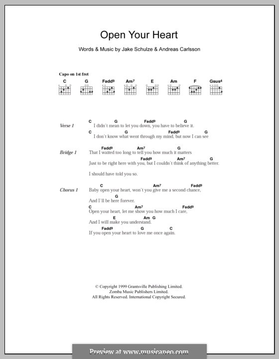 Open Your Heart (Westlife): Lyrics and chords by Andreas Carlsson, Jake Schulze