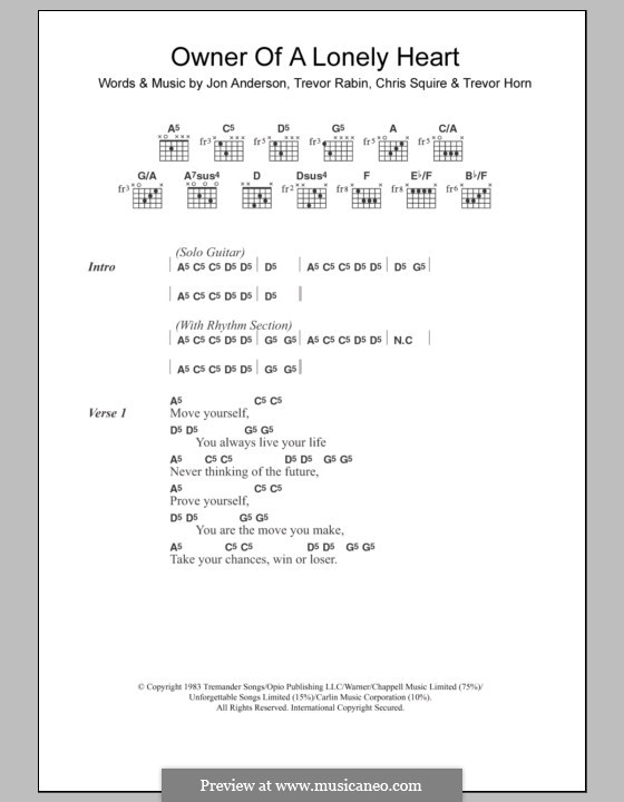 Owner of a Lonely Heart (Yes): Lyrics and chords by Chris Squire, Jon Anderson, Trevor Horn, Trevor Rabin