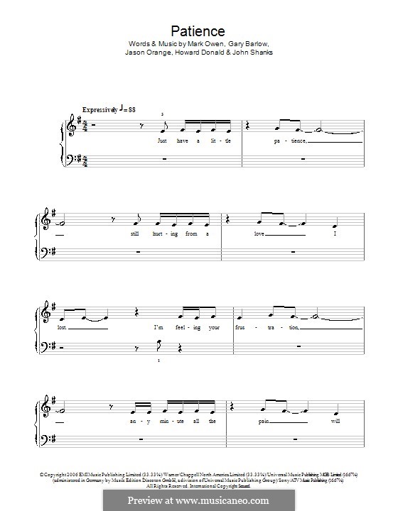 Patience (Take That): For easy piano by Gary Barlow, Howard Donald, Jason Orange, John M Shanks, Mark Owen