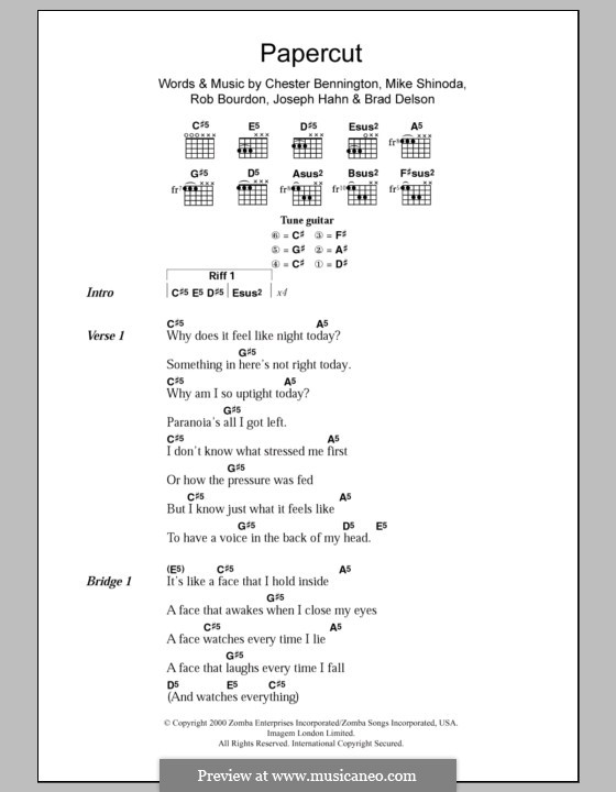 Papercut (Linkin Park): Lyrics and chords by Brad Delson, Charles Bennington, Joseph Hahn, Mike Shinoda, Rob Bourdon