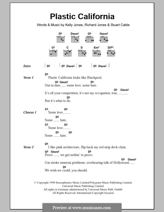 Plastic California (Stereophonics): Lyrics and chords by Kelly Jones, Richard Jones, Stuart Cable
