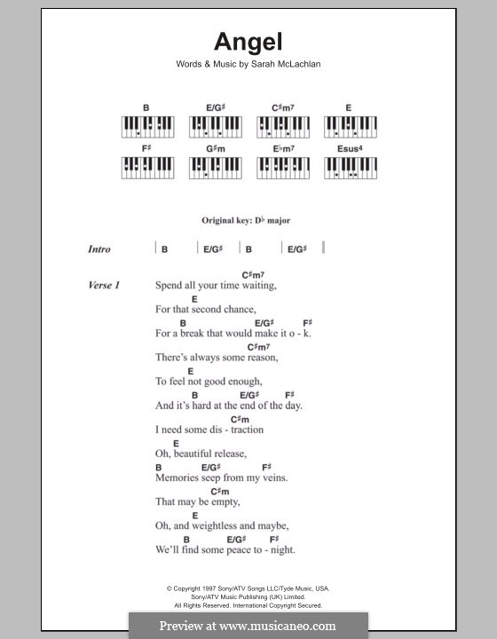 Angel: Lyrics and piano chords by Sarah McLachlan