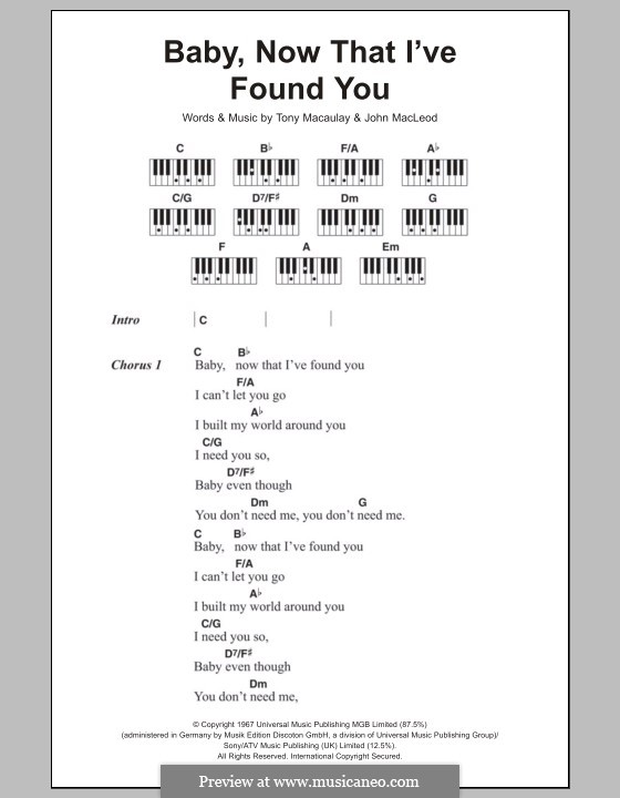 Baby, Now That I've Found You (The Foundations): Lyrics and piano chords by John MacLeod, Tony Macaulay