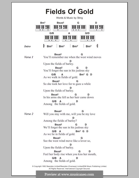 Fields of Gold: Lyrics and piano chords by Sting