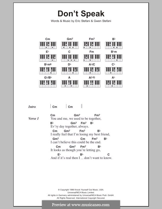 Don't Speak (No Doubt): Lyrics and piano chords by Eric Stefani, Gwen Stefani