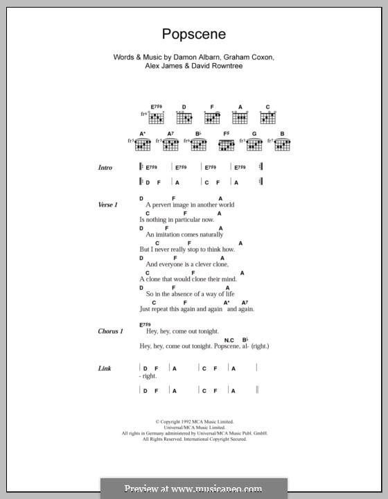 Popscene (Blur): Lyrics and chords by Alex James, Damon Albarn, David Rowntree, Graham Coxon