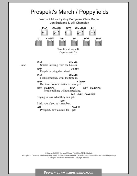 Prospekt's March/Poppyfields (Coldplay): Lyrics and chords by Chris Martin, Guy Berryman, Jonny Buckland, Will Champion