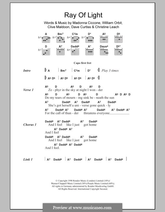 Ray of Light: Lyrics and chords by Madonna, Christine Leach, Clive Maldoon, Dave Curtiss, William Orbit