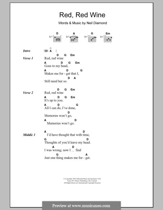 Red, Red Wine (UB40): Lyrics and chords (Tony Tribe) by Neil Diamond